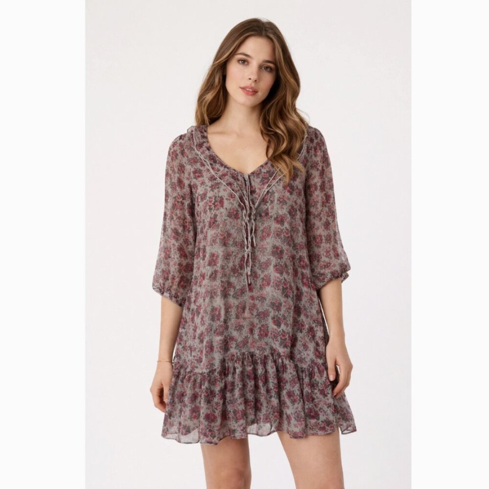 Floral Ruffle Chiffon Sheer Dress V-Neck Long Sleeve AOP Red Gray Womens M/L